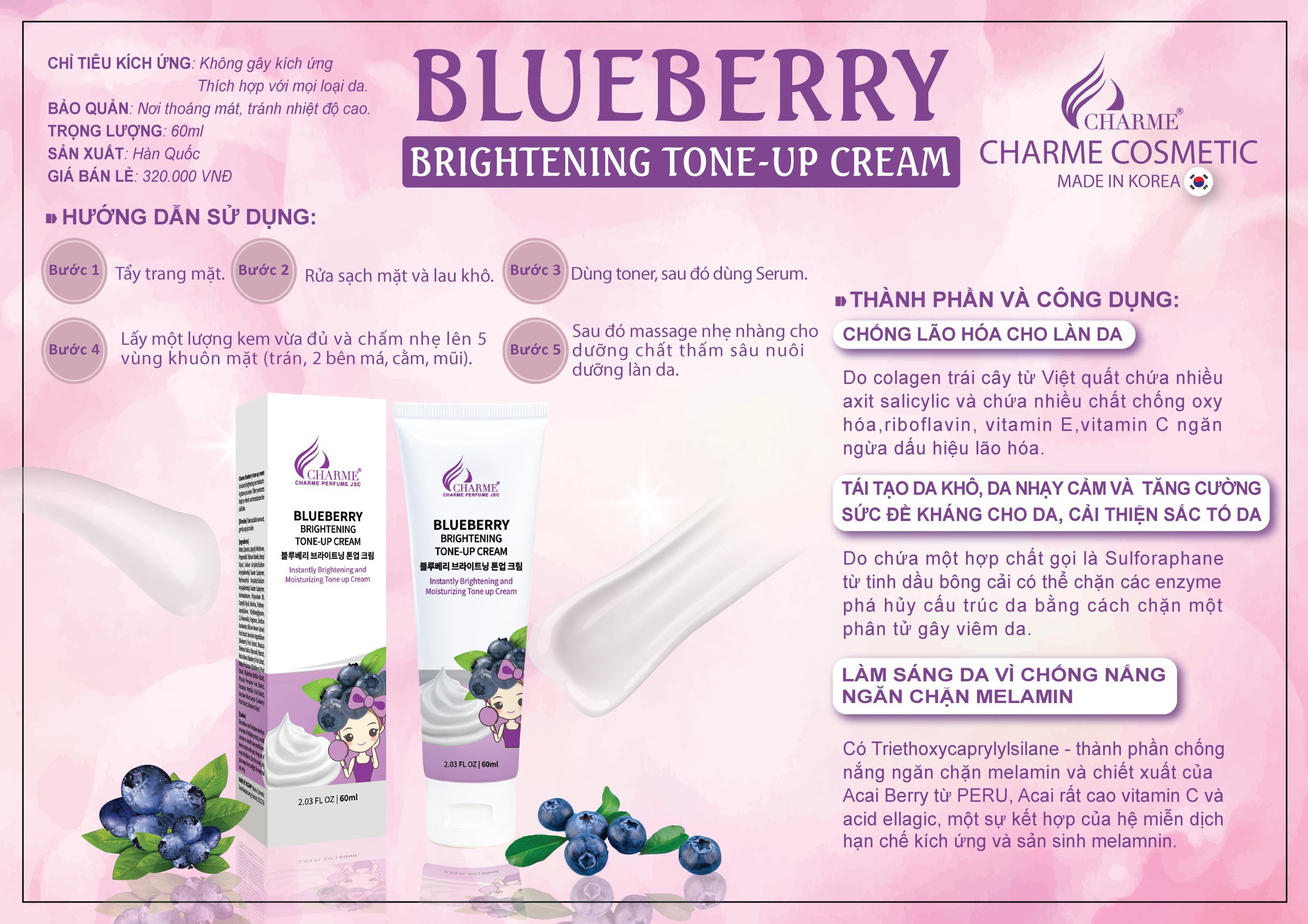 Shop sỉ kem Dưỡng Da Mặt Blueberry Charme Brightening Tone Up Cream Shop sỉ kem Dưỡng Da Mặt Blueberry Charme Brightening Tone Up Cream