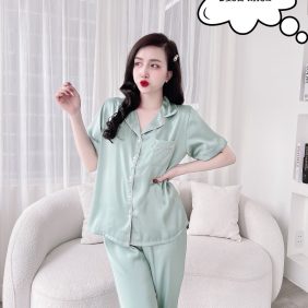 Đồ bộ dài pijama tay ngắn màu trơn có túi áo - DBO1514