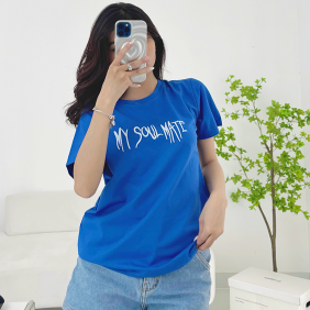 Áo thun thái nữ cổ tròn form suông in chữ My Soul Mate Xanh coban - AG1192