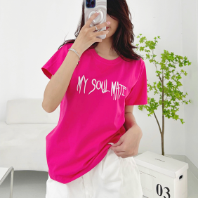 Áo thun thái nữ cổ tròn form suông in chữ My Soul Mate Hồng Sen - AG1193