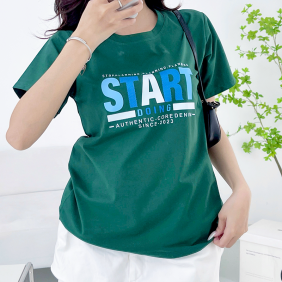 Áo thun thái nữ cổ tròn form suông in chữ Star Xanh Rêu - AG1198