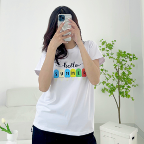Áo thun thái nữ cổ tròn form suông in hình que kem màu trắng - AG1204