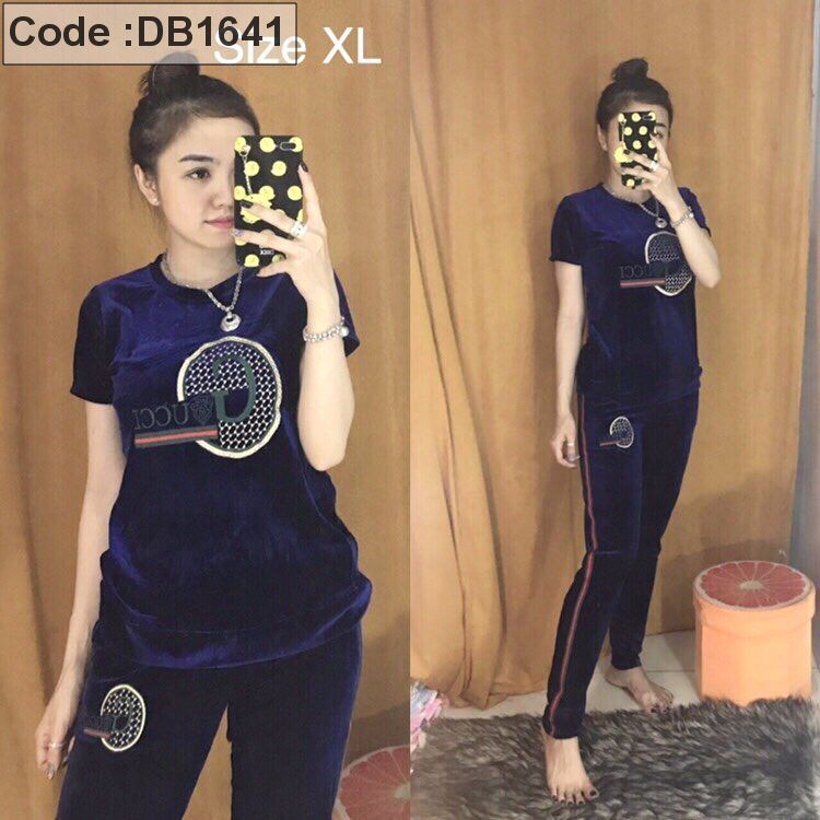 Set nhung quần dài tay ngắn viền sọc