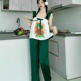 Đồ bộ quần dài pijama áo dây viền bèo hoạ tiết - DBO2850