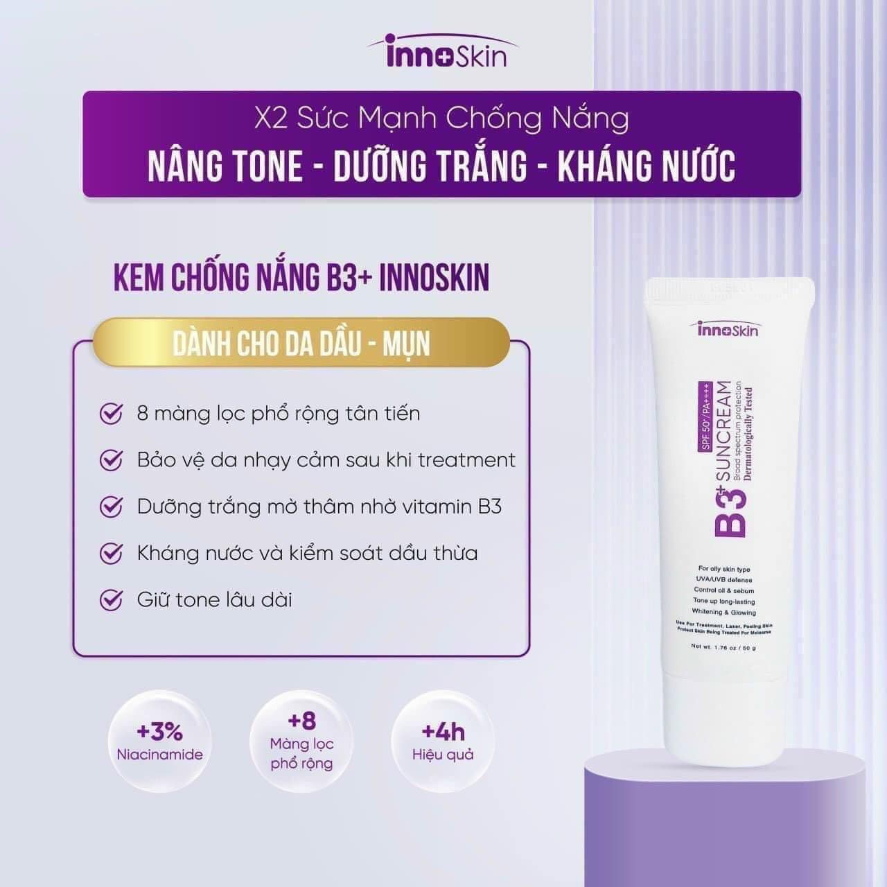 Kem Chống Nắng B3 InnoSkin Màu Tím Cho Da Dầu