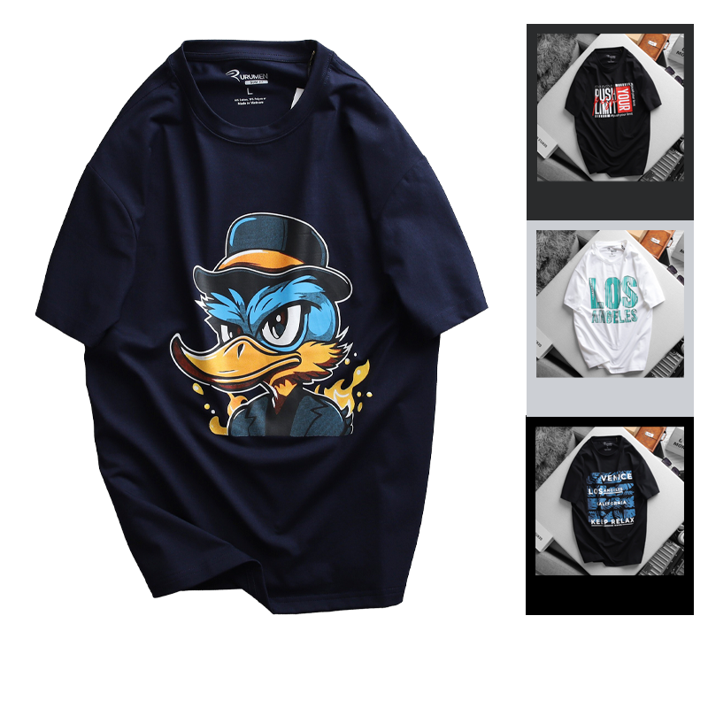 22084-khung-ao-thun-bia.png Áo Thun Nam Cổ Tròn Rurumen Màu Xanh Đen In Hình Cool Duck Big Size - AB458