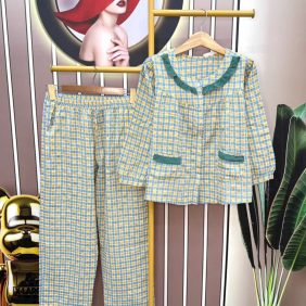 Đồ bộ quần dài áo tay dài cổ lá sen caro - DBO3423