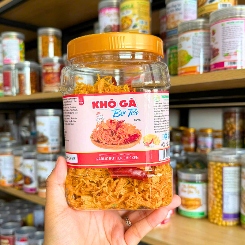 Khô Gà Bơ Tỏi Thơm Ngon 500g hộp Khô Gà Bơ Tỏi Thơm Ngon 500g hộp
