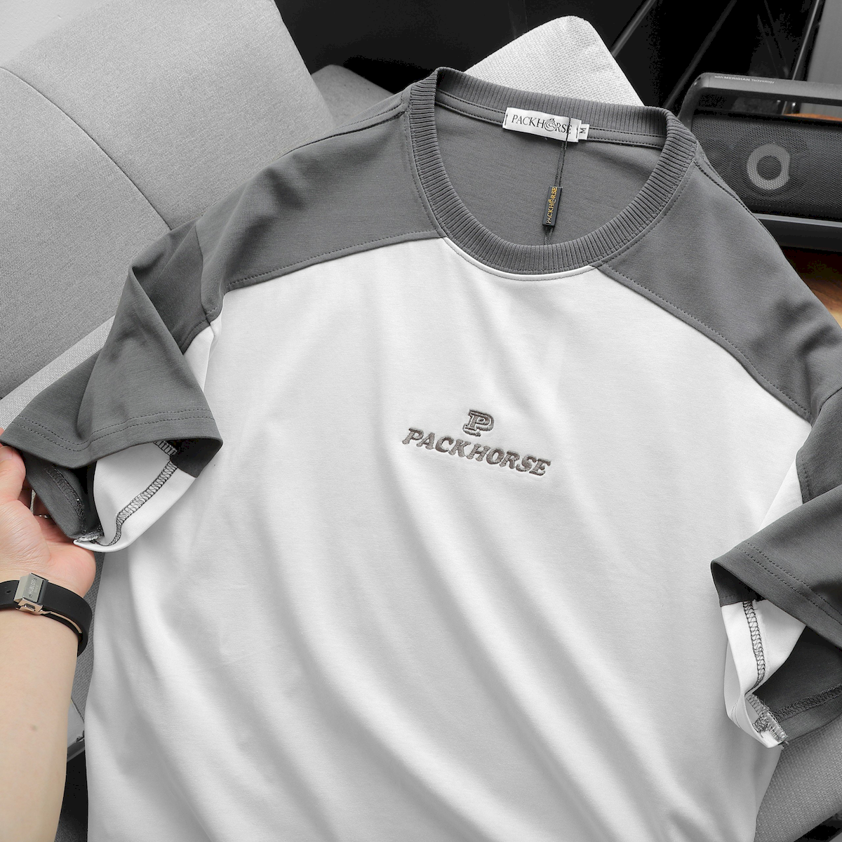 Shop sỉ áo Thun Nam Cổ Tròn Oversize Tay Phối Màu Thêu Chữ PackHorse
