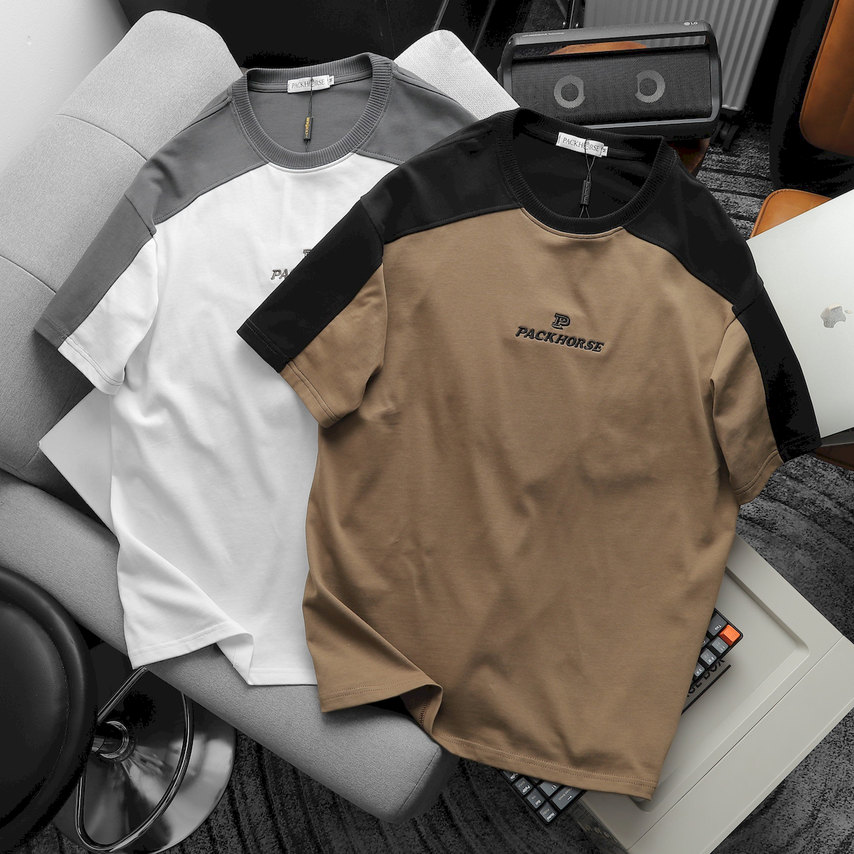 Shop sỉ áo Thun Nam Cổ Tròn Oversize Tay Phối Màu Thêu Chữ PackHorse