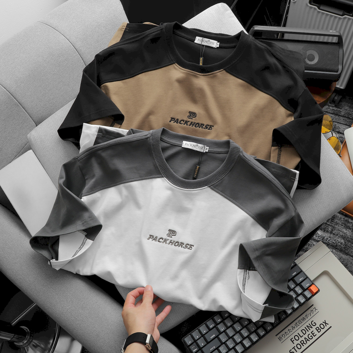 Shop sỉ áo Thun Nam Cổ Tròn Oversize Tay Phối Màu Thêu Chữ PackHorse