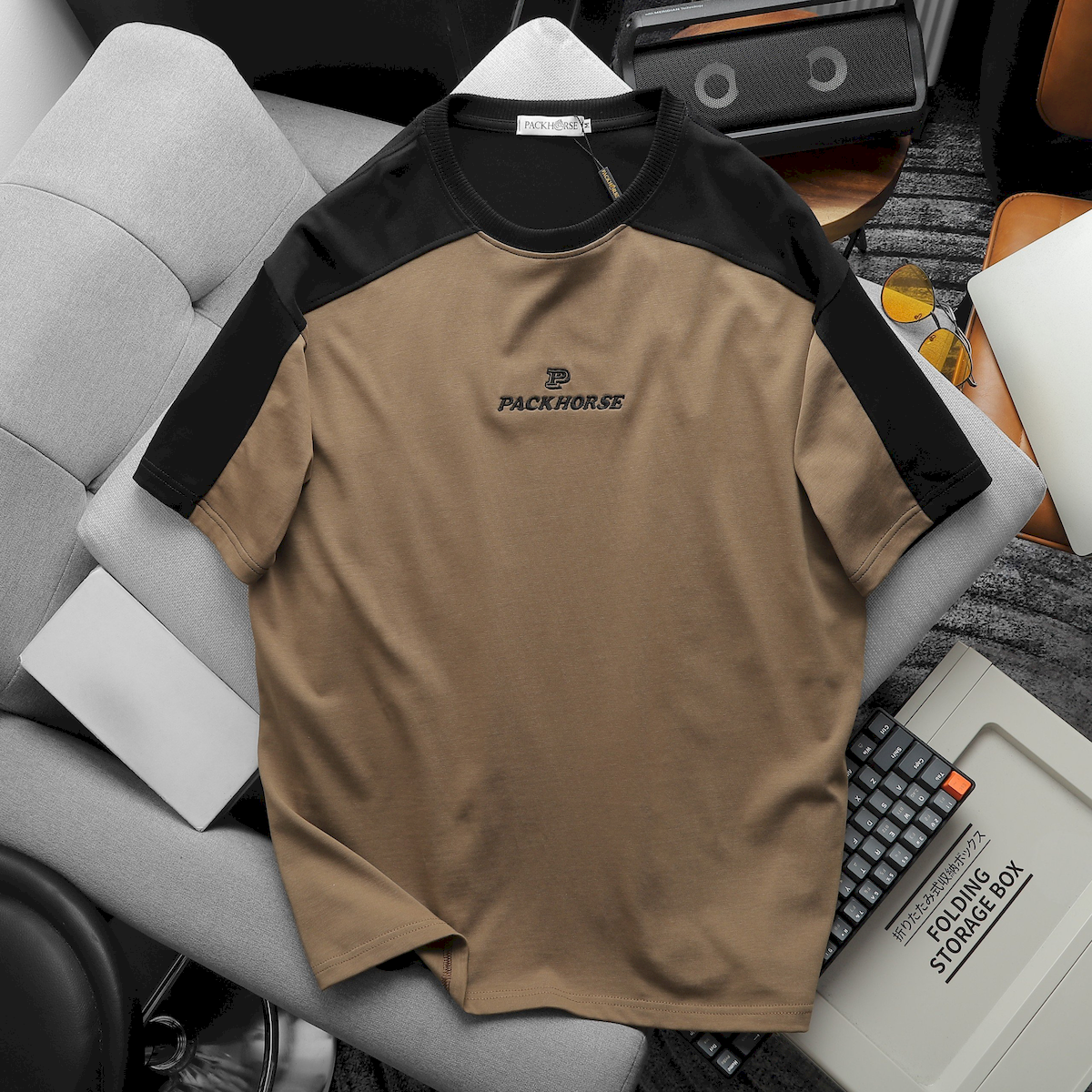 Shop sỉ áo Thun Nam Cổ Tròn Oversize Tay Phối Màu Thêu Chữ PackHorse