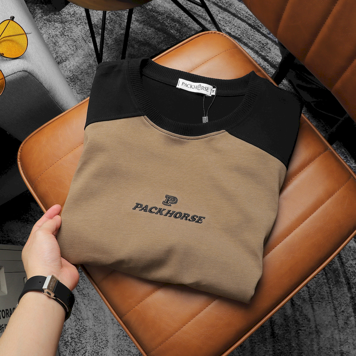 Shop sỉ áo Thun Nam Cổ Tròn Oversize Tay Phối Màu Thêu Chữ PackHorse