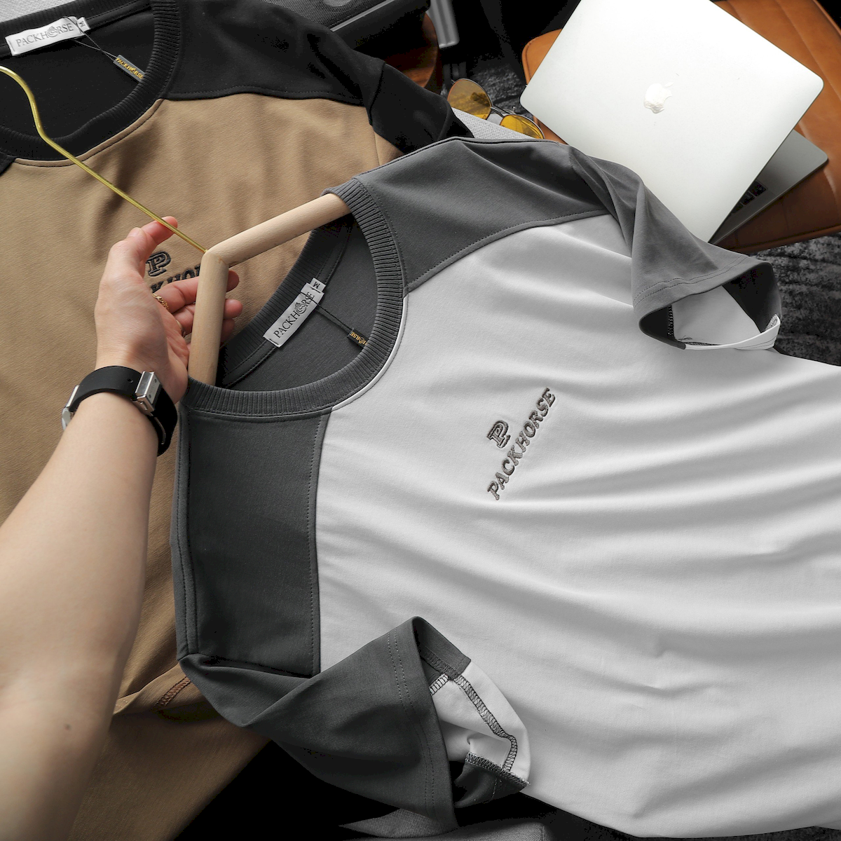 Shop sỉ áo Thun Nam Cổ Tròn Oversize Tay Phối Màu Thêu Chữ PackHorse