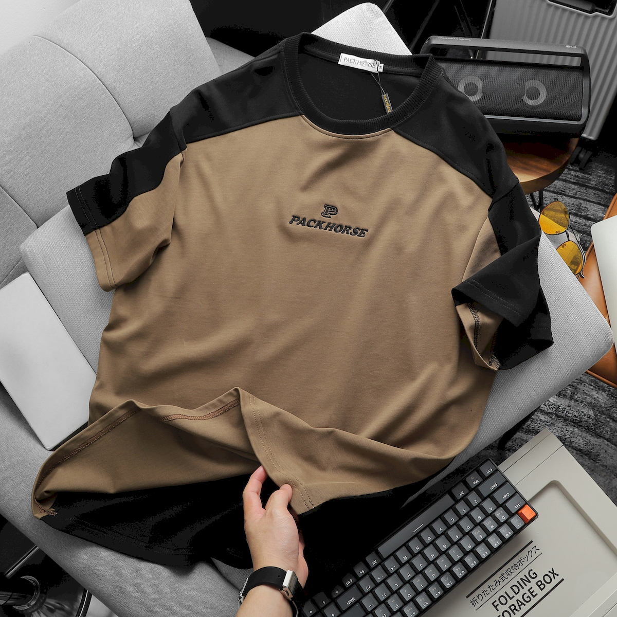 Shop sỉ áo Thun Nam Cổ Tròn Oversize Tay Phối Màu Thêu Chữ PackHorse