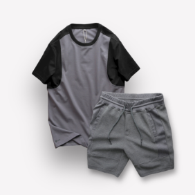 Set Bộ Nam Quần Short Thun Sọc Ngang Chữ Phối Áo Cổ Tròn Tay Màu