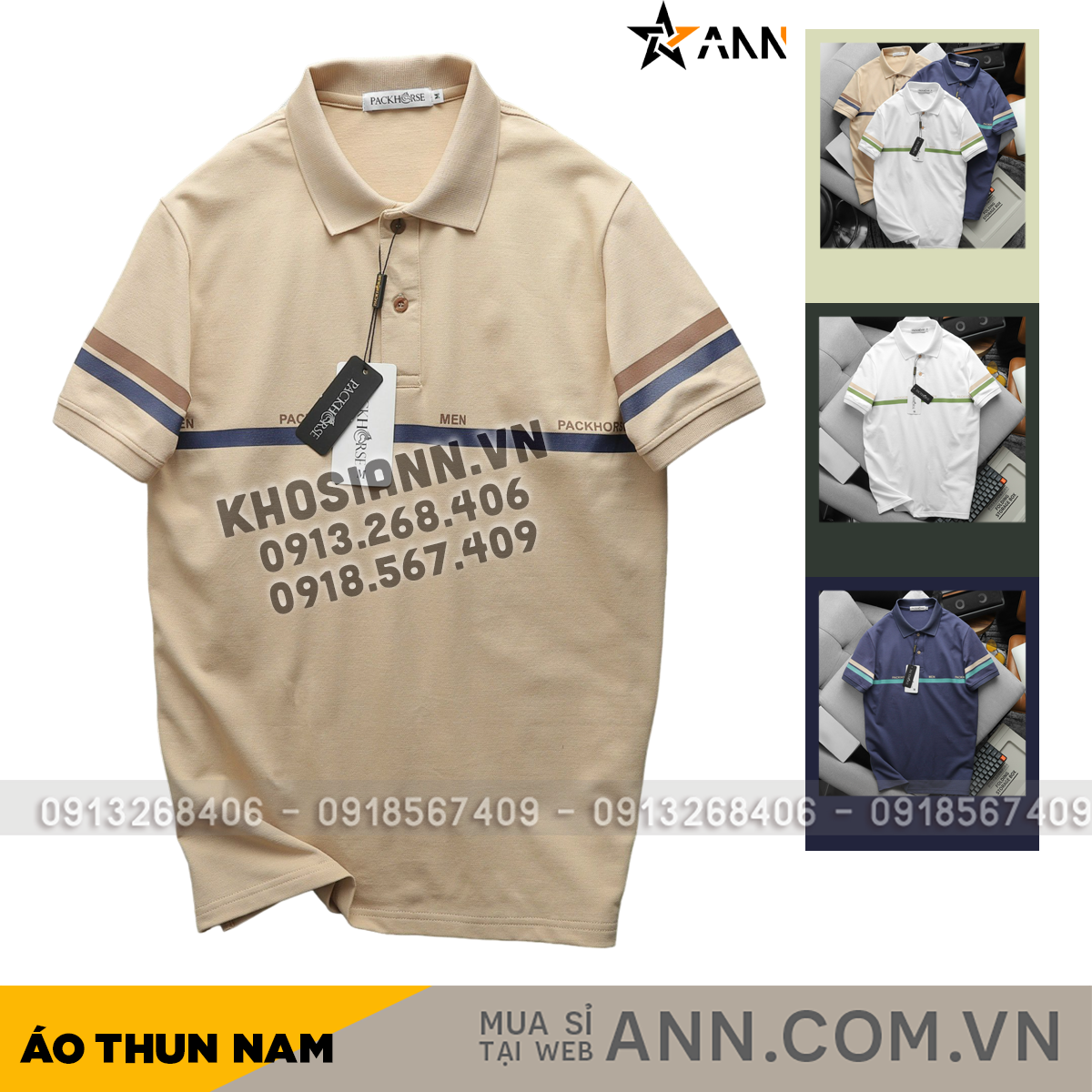 Áo Thun Nam Cổ Bẻ Pack Horse Viền 2 Sọc (Có Size 3x)