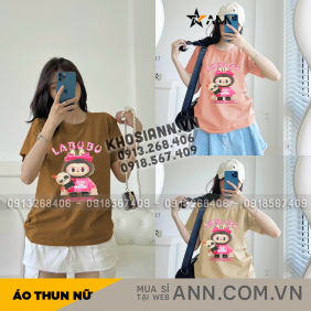 Áo Thun Thái Nữ Cổ Tròn In Hình Gấu Hồng Labubu Size M(40-60kg) - AG1425