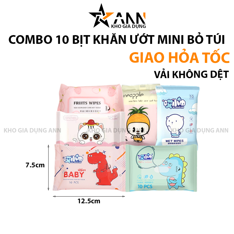 24873_22_20250319184410-2.png Combo 10 Bịt Khăn Ướt Bỏ Túi Du Lịch - Khăn Giấy Ướt Mini - Chất Liệu Vải Không Dệt 12.5x7.5cm - KUBTMN01