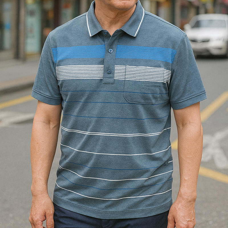 Giá sỉ áo Thun Nam Cổ Bẻ Có Túi Hoạ Tiết Sọc Ngang In Dẻo (Có size 3x)