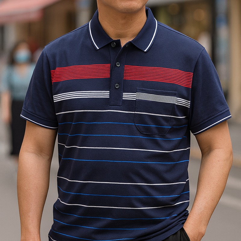 Giá sỉ áo Thun Nam Cổ Bẻ Có Túi Hoạ Tiết Sọc Ngang In Dẻo (Có size 3x)