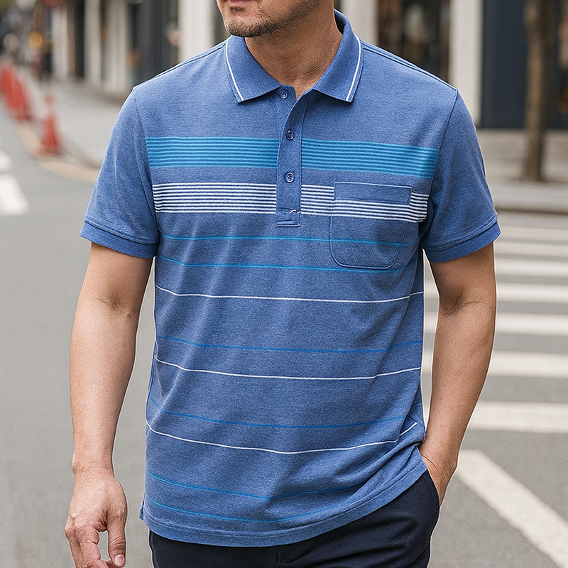 Giá sỉ áo Thun Nam Cổ Bẻ Có Túi Hoạ Tiết Sọc Ngang In Dẻo (Có size 3x)