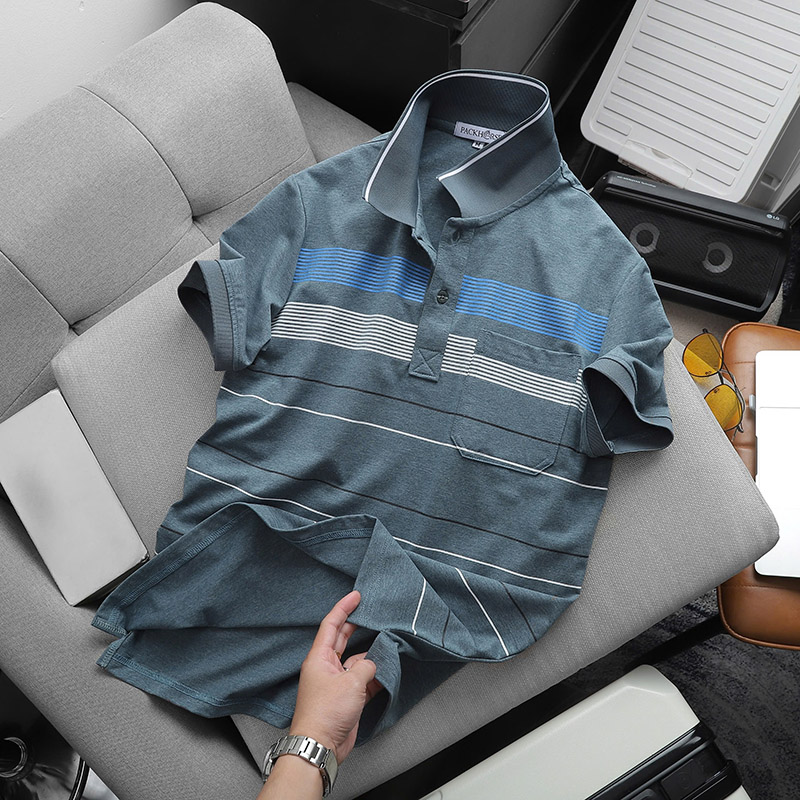 Giá sỉ áo Thun Nam Cổ Bẻ Có Túi Hoạ Tiết Sọc Ngang In Dẻo (Có size 3x)