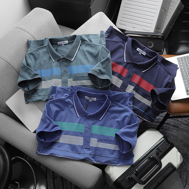 Giá sỉ áo Thun Nam Cổ Bẻ Có Túi Hoạ Tiết Sọc Ngang In Dẻo (Có size 3x)