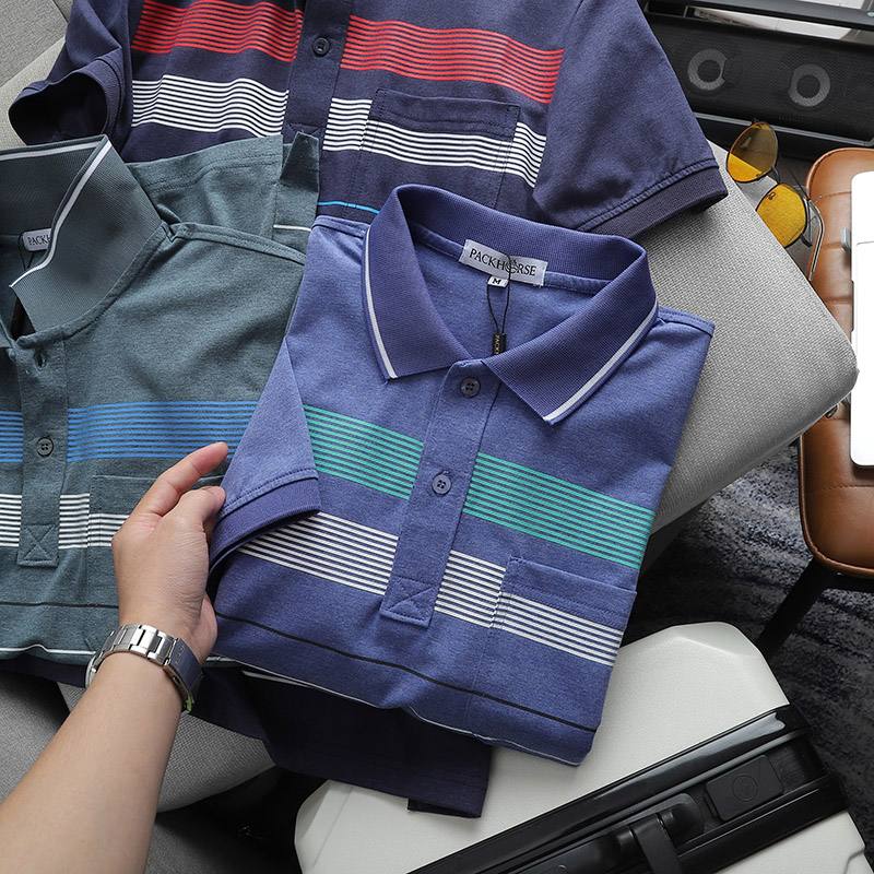 Giá sỉ áo Thun Nam Cổ Bẻ Có Túi Hoạ Tiết Sọc Ngang In Dẻo (Có size 3x)