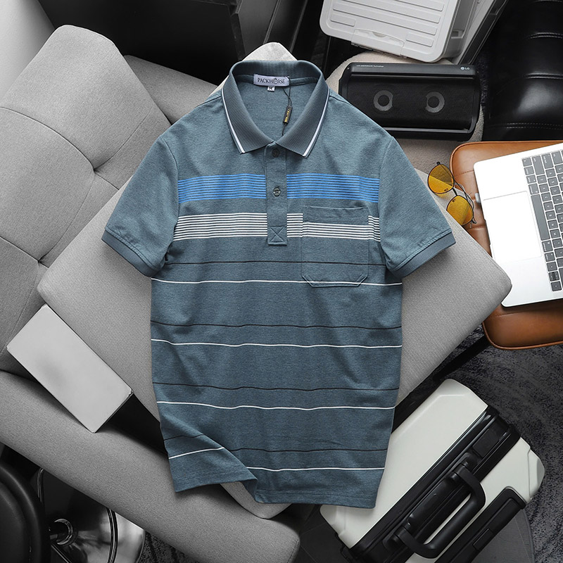 Giá sỉ áo Thun Nam Cổ Bẻ Có Túi Hoạ Tiết Sọc Ngang In Dẻo (Có size 3x)