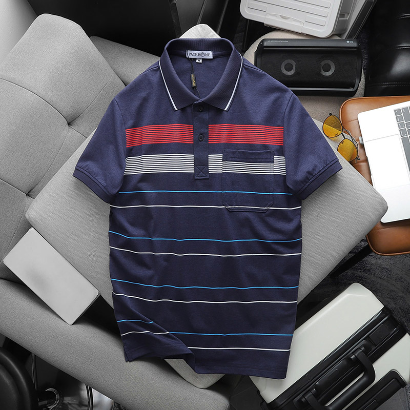 Giá sỉ áo Thun Nam Cổ Bẻ Có Túi Hoạ Tiết Sọc Ngang In Dẻo (Có size 3x)