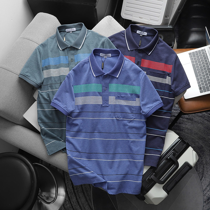 Giá sỉ áo Thun Nam Cổ Bẻ Có Túi Hoạ Tiết Sọc Ngang In Dẻo (Có size 3x)