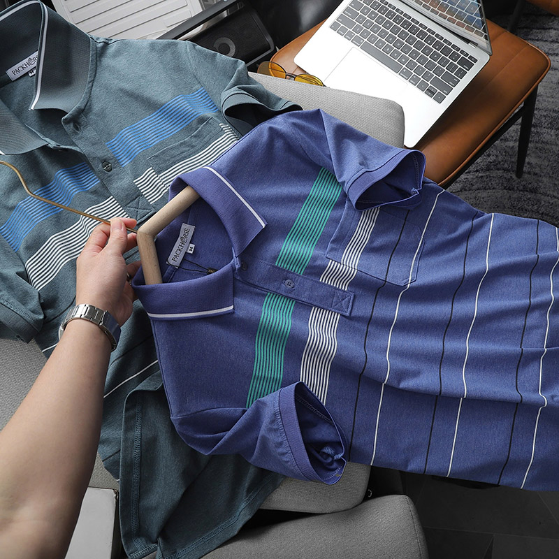 Giá sỉ áo Thun Nam Cổ Bẻ Có Túi Hoạ Tiết Sọc Ngang In Dẻo (Có size 3x)