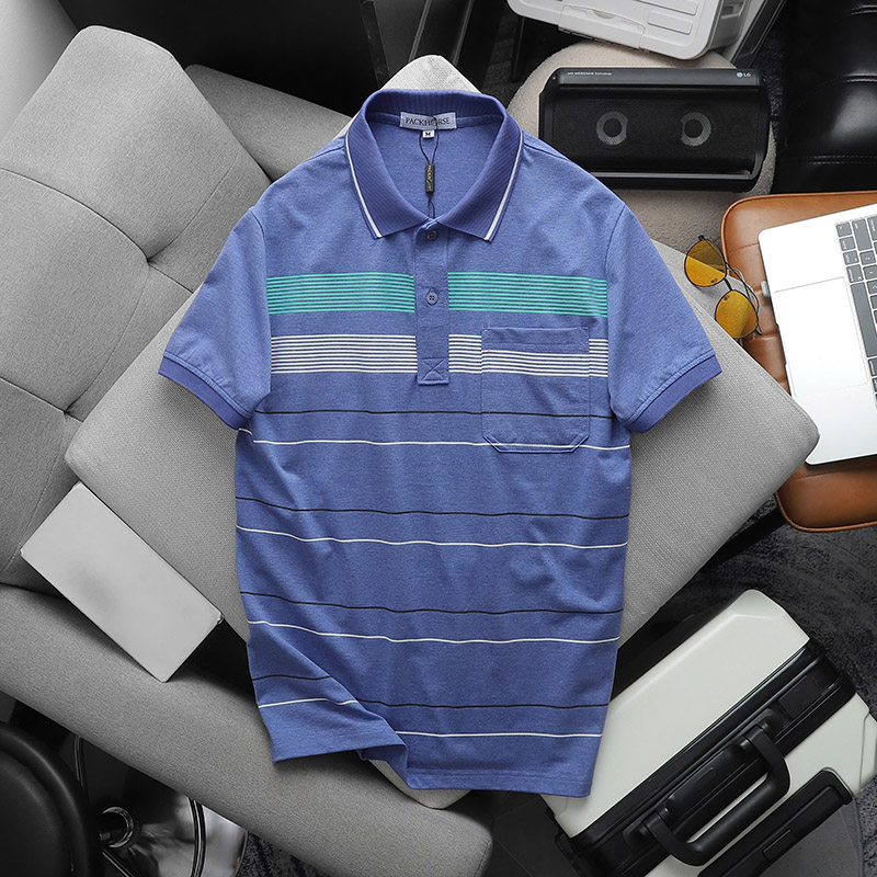 Giá sỉ áo Thun Nam Cổ Bẻ Có Túi Hoạ Tiết Sọc Ngang In Dẻo (Có size 3x)