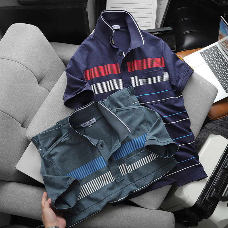 Giá sỉ áo Thun Nam Cổ Bẻ Có Túi Hoạ Tiết Sọc Ngang In Dẻo (Có size 3x)