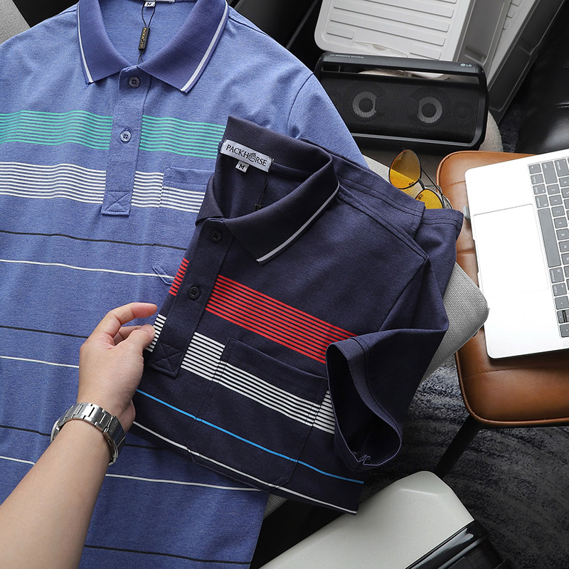 Giá sỉ áo Thun Nam Cổ Bẻ Có Túi Hoạ Tiết Sọc Ngang In Dẻo (Có size 3x)