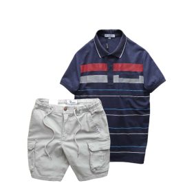 Set Bộ Nam Áo Thun Polo Hoạ Tiết Sọc Ngang Có Túi Quần Short Kaki Túi Hộp