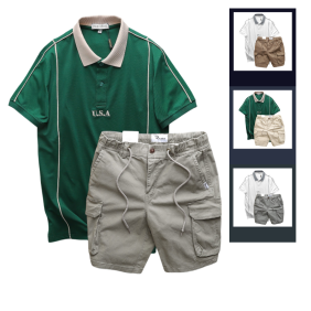 Set Bộ Nam Áo Thun Polo Pack Horse Thêu Nổi Chữ U.S.A + Quần Short Kaki Túi Hộp Cao Cấp