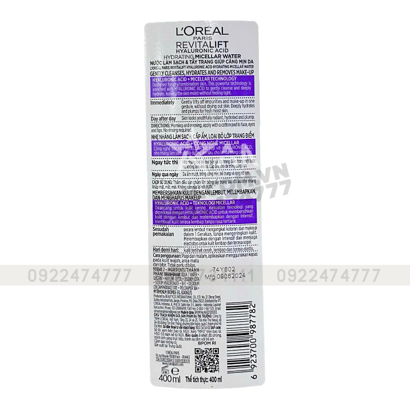 Nước Tẩy Trang Loreal Màu Tím Sạch Sâu Cấp Ẩm Revitalift Hyaluronic Acid Micellar Water 400ml - Hàng Công Ty Có Tem Phụ Nước Tẩy Trang Loreal Màu Tím Sạch Sâu Cấp Ẩm Revitalift Hyaluronic Acid Micellar Water 400ml - Hàng Công Ty Có Tem Phụ