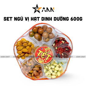 Set Hộp Mix Hạt Ngũ Vị (Hạt Điều Rang Muối, Quả Óc Chó Vàng, Quả Óc Chó Đỏ, Macca, Hạt Dẻ Cười, Hạnh Nhân Rang Bơ) Bông Mai 600G Hộp Tết 2026 - HLVHBM600