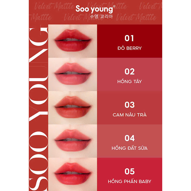 Son Kem Nhung Lì Soo Young Velvet Matte 4g - 5 Màu Quyến Rũ Thời Thượng Son Kem Nhung Lì Soo Young Velvet Matte 4g - 5 Màu Quyến Rũ Thời Thượng