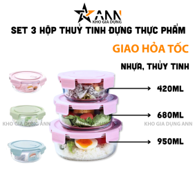 Set 3 Hộp Đựng Thực Phẩm - Hộp Thuỷ Tinh Tròn 420 - 680 - 950ml - HDTPTT3