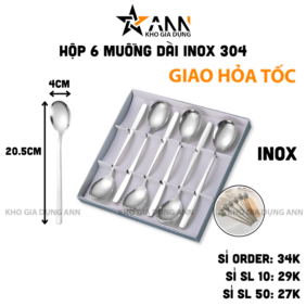 Hộp 6 Muỗng Dài Inox 304 - Thìa Inox Cao Cấp Bền Đẹp 20.5x4cm - MIN30402