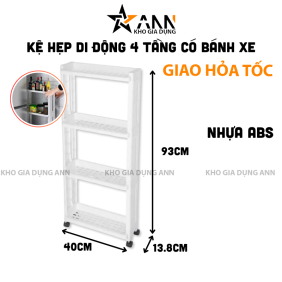 Kệ Hẹp Để Đồ 4 Tầng - Kệ Bếp - Kệ Nhựa Có Bánh Xe 93x40x13,8cm - KDD4T02
