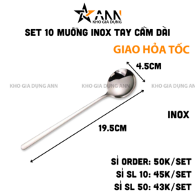 Set 10 Muỗng Dài Inox 304 - Thìa Inox Cao Cấp Bền Đẹp 19.5x4.5cm - MIN30403