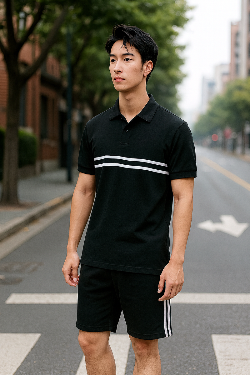 Set Bộ Nam Áo Thun Cổ Bẻ Phối Sọc Trước Ngực + Quần Short Thun (Big Size)