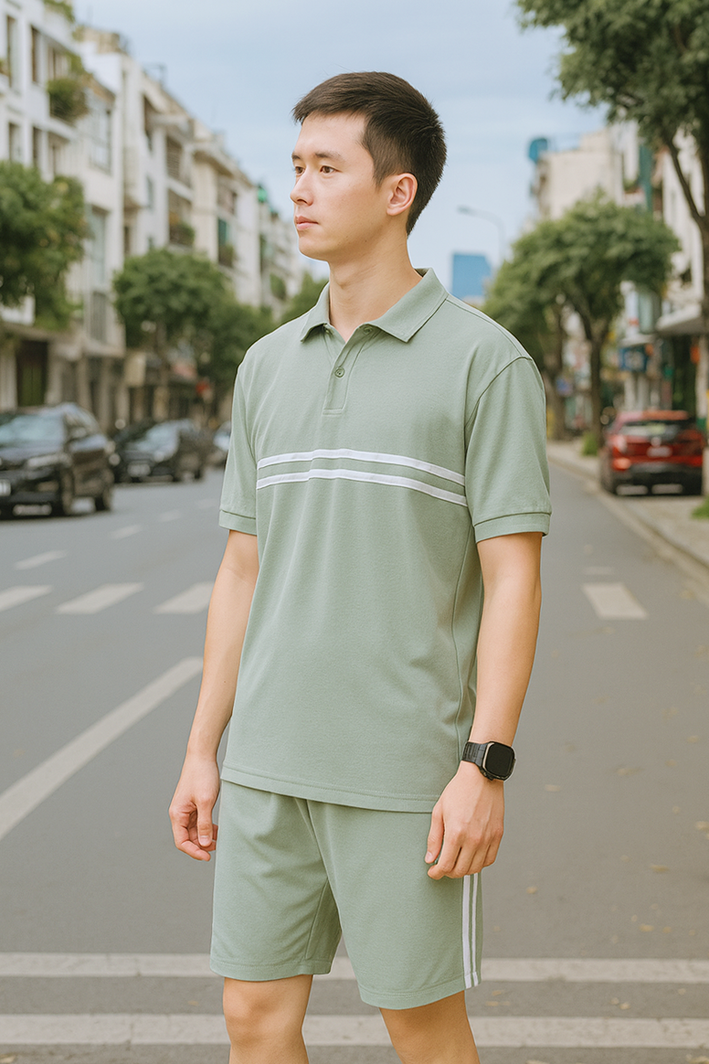 Set Bộ Nam Áo Thun Cổ Bẻ Phối Sọc Trước Ngực + Quần Short Thun (Big Size)