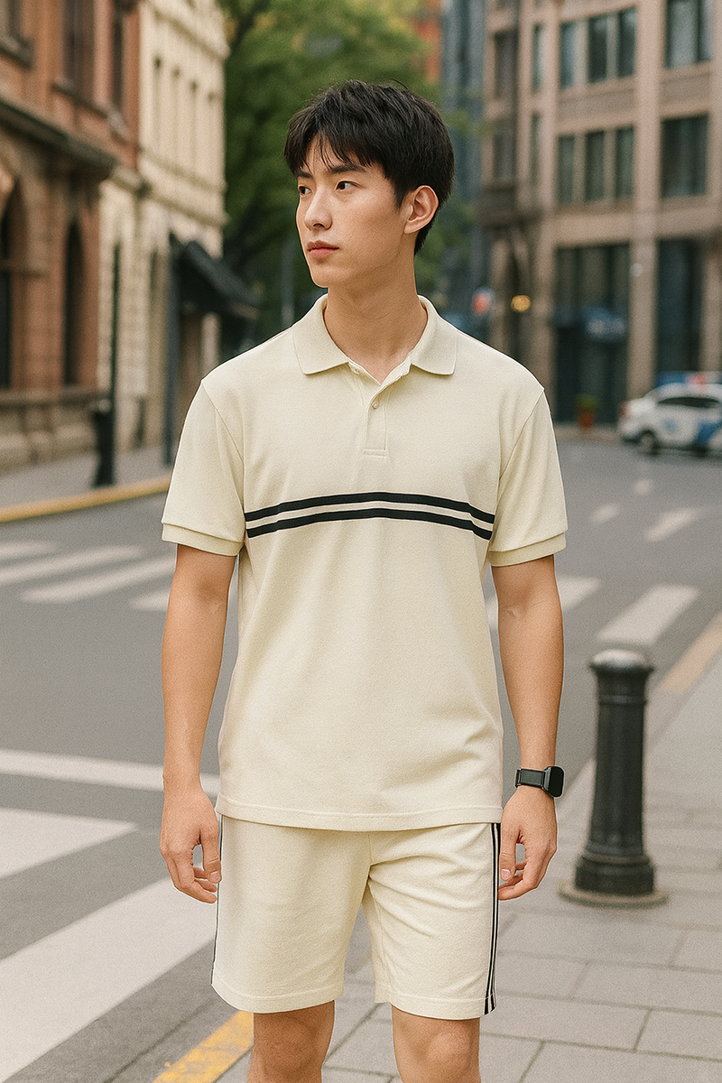 Set Bộ Nam Áo Thun Cổ Bẻ Phối Sọc Trước Ngực + Quần Short Thun (Big Size)