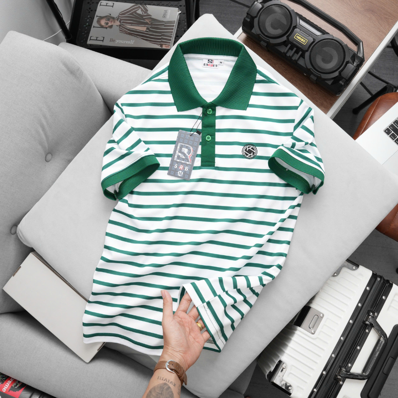 Áo Thun Polo Nam - Áo Thun Nam Phối Sọc Thêu Logo Trước Ngực Trẻ Trung Bigsize