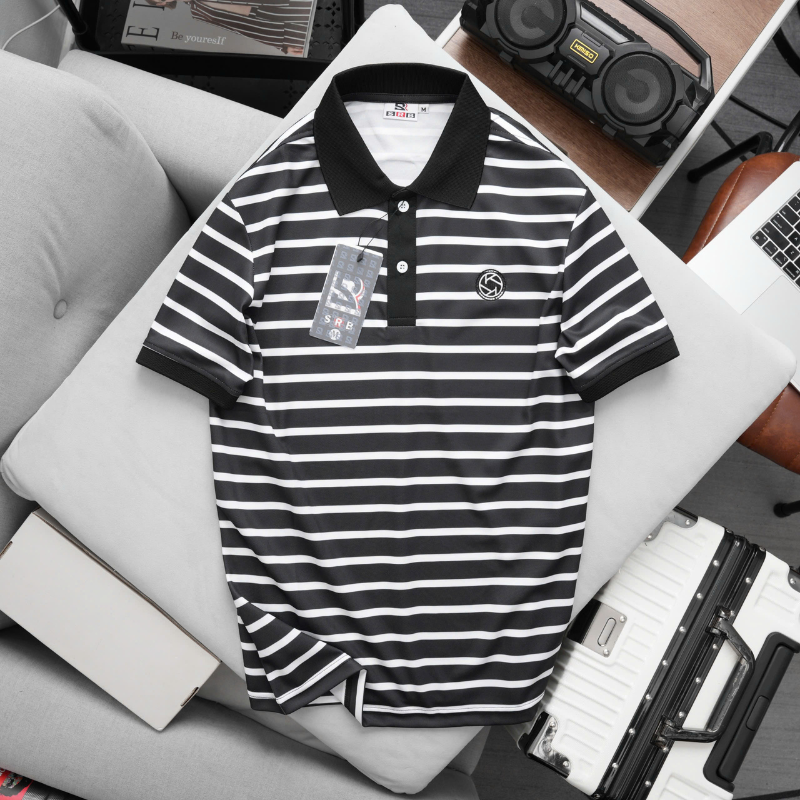 Áo Thun Polo Nam - Áo Thun Nam Phối Sọc Thêu Logo Trước Ngực Trẻ Trung Bigsize